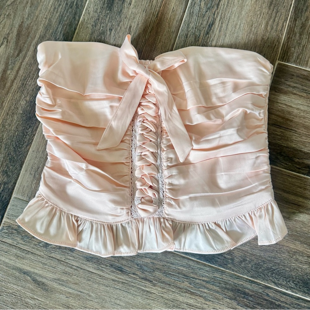 American Threads Strapless Ruffled Lace-Up Bustier Top